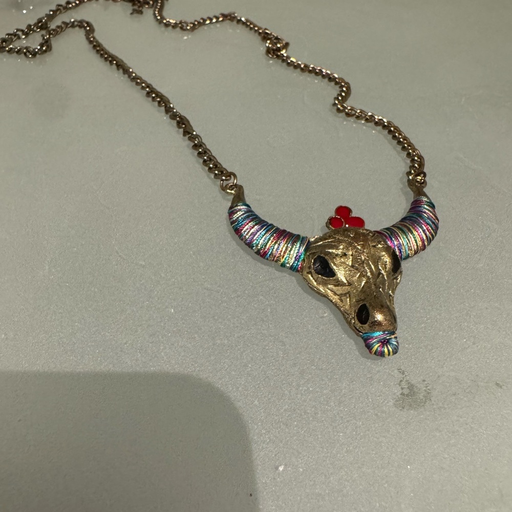Colorful Bull Skull Pendant Necklace